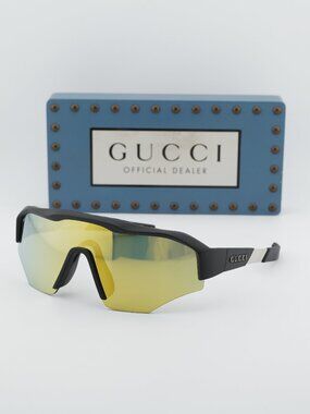 Gucci GG2017S 001 Shield Sunglasses - Black / Yellow Mirror